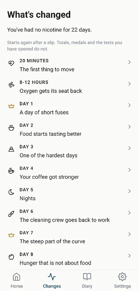 The Changes tab. You've had no nicotine for 22 days. A list of pages from twenty minutes to day eight, each with a title such as One of the hardest days.