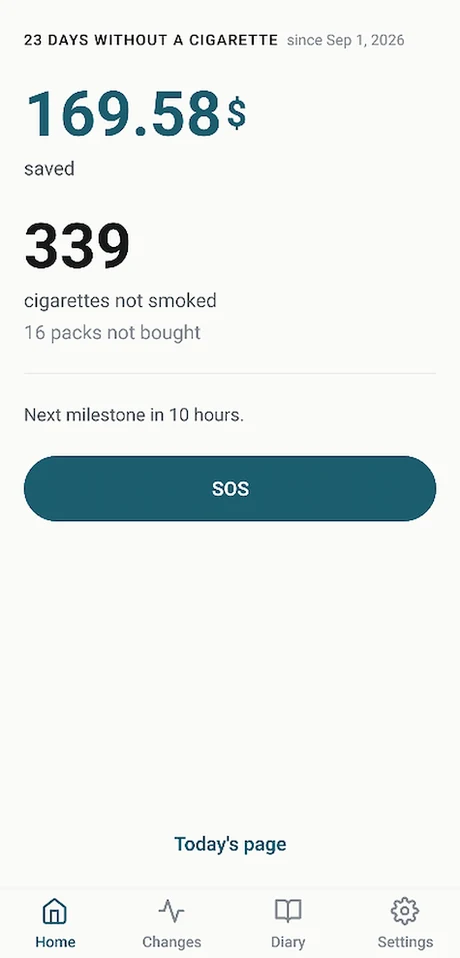 The home screen. 169.58 dollars saved, 339 cigarettes not smoked, 16 packs not bought, the next milestone in 10 hours, and the SOS button.