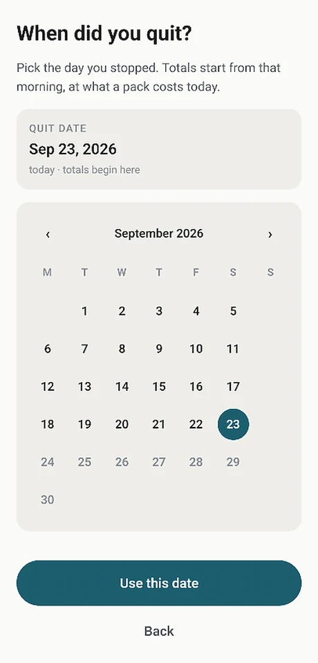 When did you quit? A calendar for September 2026 with the chosen date marked.