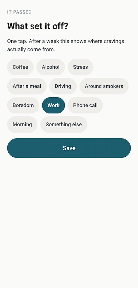 What set it off? Eleven one-tap choices, including coffee, alcohol, stress and work.
